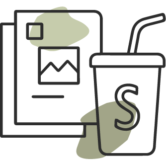 Icône de dépliant / catalogue avec un mug personnalisé, illustrant la conception de supports imprimés pour les professionnels