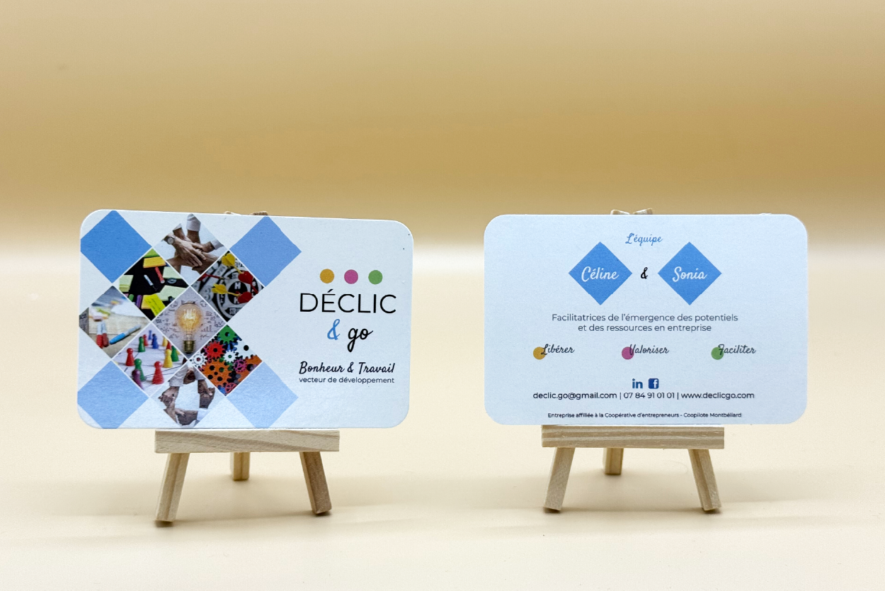 Cartes de visite professionnelles de Déclic & Go, avec un design coloré en damier.